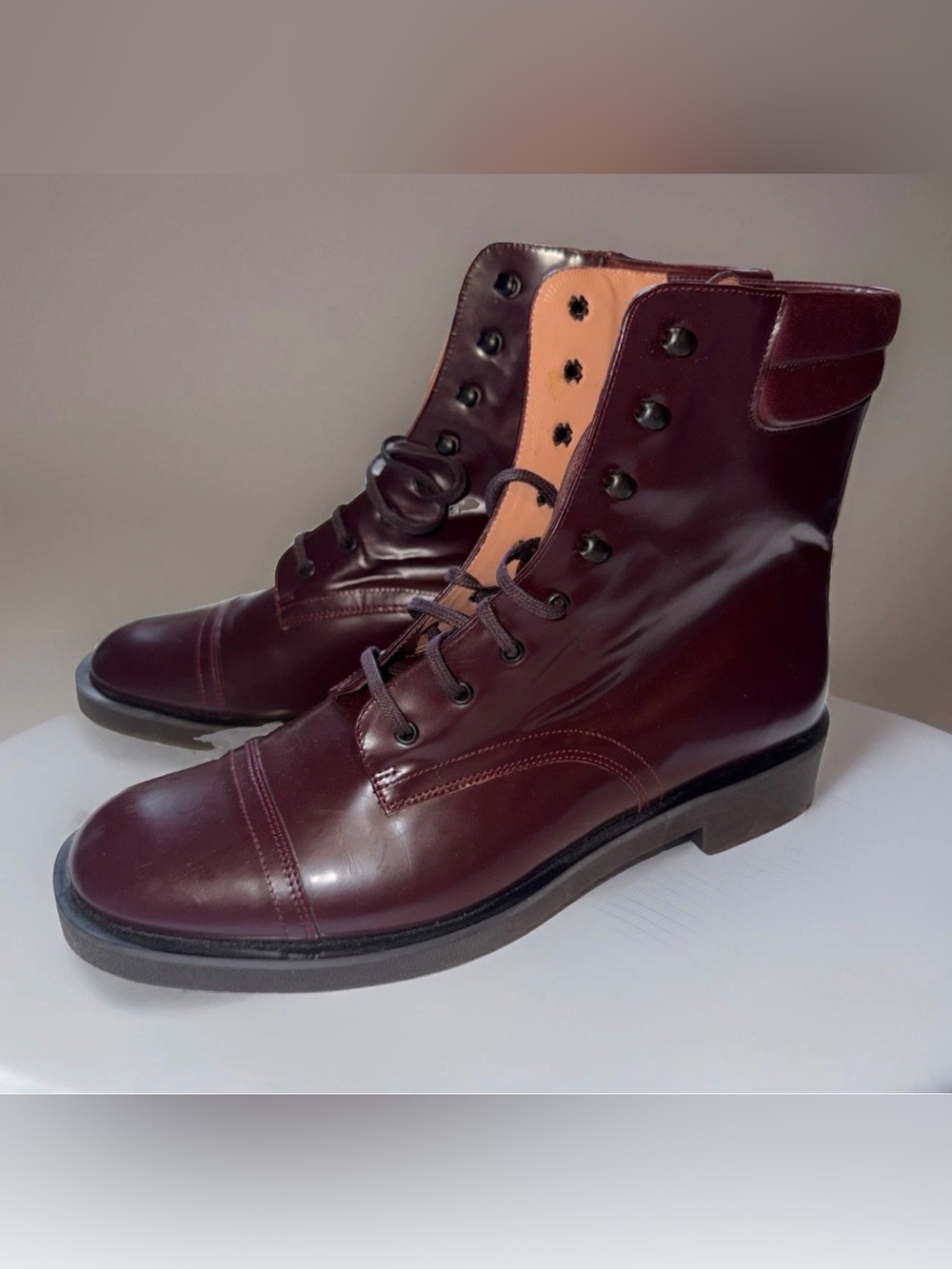 New Womens Robert Clergerie Paris Elbie Burgundy Patent Leather Combat Boots 9